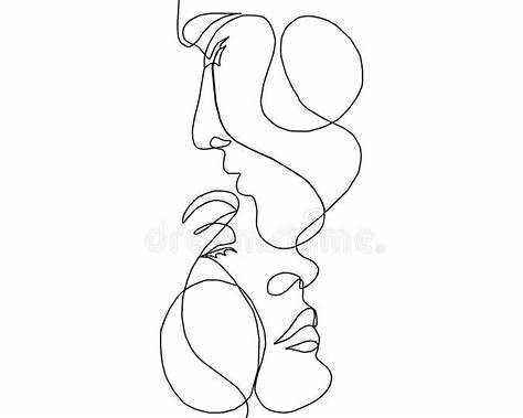 Minimalist continuous line drawing of two abstract faces representing relational dynamics and emotional connection in couples therapy.